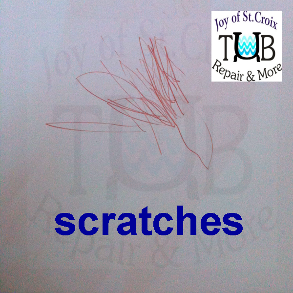 scratches | Joy of St Croix - Tub Repair & More scratches in a gelcoat bathtub finish is highlighted by rubbing dye into the scratches prior to repair by www.joyofstcroix.com