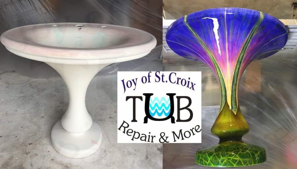 morningglory-sink-onionhead-191001 a before and after comparison of a pedestal sink which has been painted as a morning-glory flower by Jaymz Onion at Botteghe Cipolla, LLC dba Joy of St Croix - Tub Repair and More