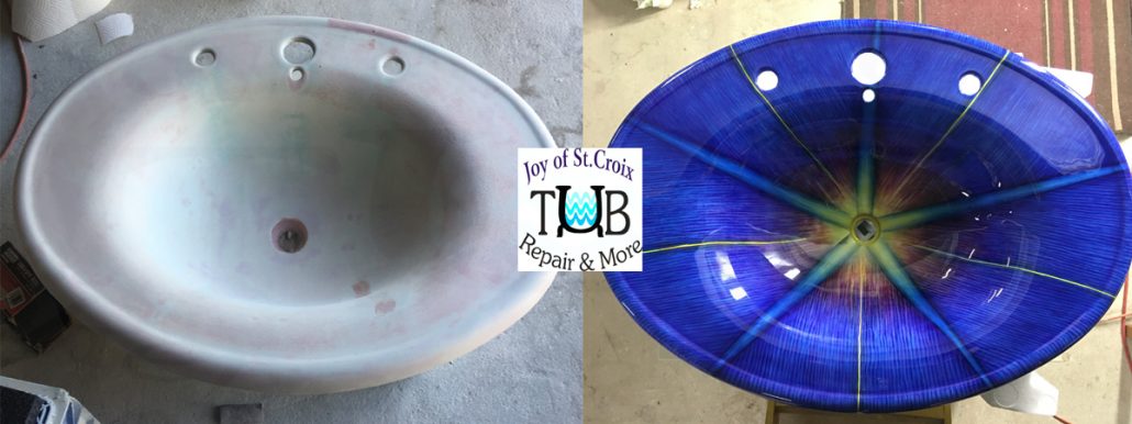 jstx-morningglory-top-001-1 top portion of an art nouveau pedestal sink restored as a morningglory flower by Jaymz Onion is shown as before and after, logo-Joy of St Croix-Tub Repair & More