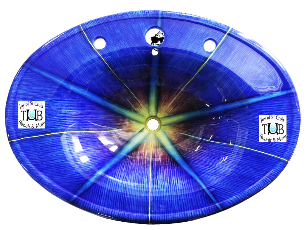 morningglory-sink-top-no-background-002-logo The top of a pedestal sink painted as a morningglory flower by Jaymz Onion for Joy of St Croix - Tub Repair and More