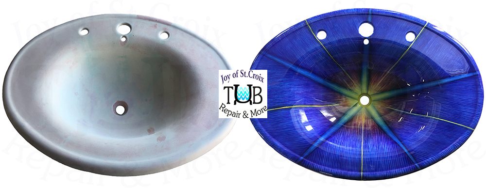A side by side comparison of the before and after photos of a pedestal sink custom painted by Jaymz Onion for Joy of St Croix as a morningglory flower.