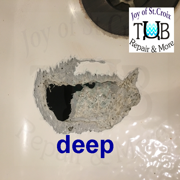 The image shows that a hole in the gelcoat is a DEEP repair rather than a surface or shallow repair, as classified by www.joyofstcroix.com