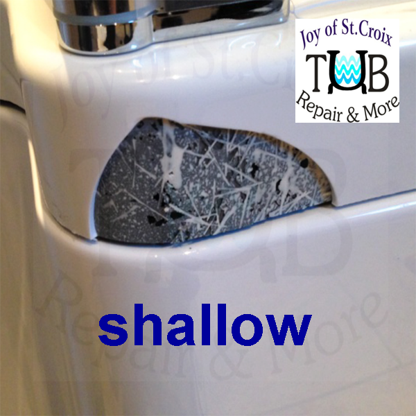 The image shows that a chip in the gelcoat is a SHALlOW repair rather than a surface or deep repair, as classified by www.joyofstcroix.com