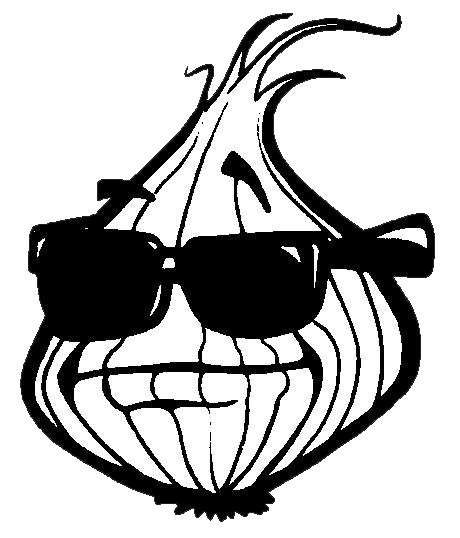 The Onionhead, a drawing of a smirking onion wearing RayBan Wayfarer sunglasses
